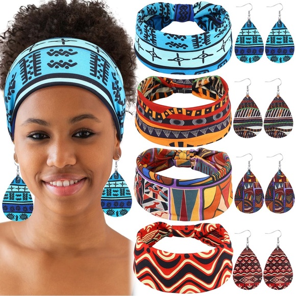 Stylish patterns 4 Pairs African Faux Leather Earrings and 4 Pieces Headbands. main image 5